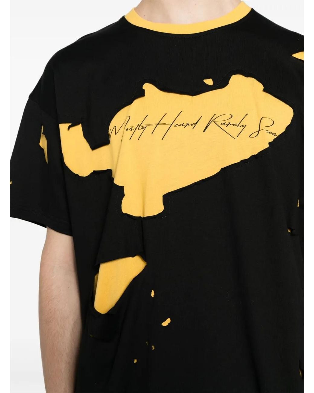 Mostly Heard Rarely Seen Black Ripped Logo-Print Cotton T-Shirt for men
