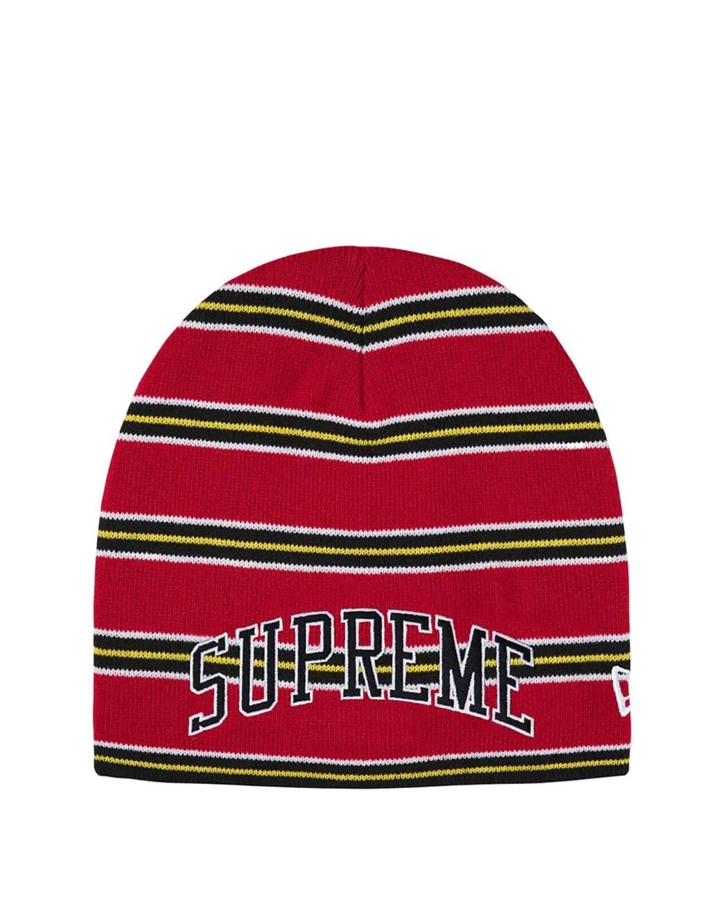 Supreme Red X New Era Striped Beanie Hat for men