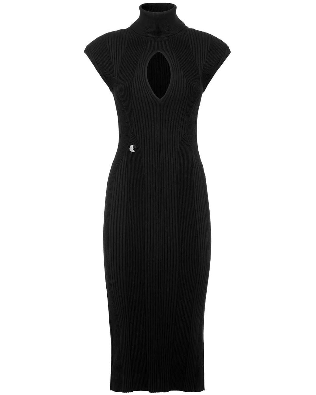 Philipp Plein Black Shoulder-Pads Ribbed Midi Dress