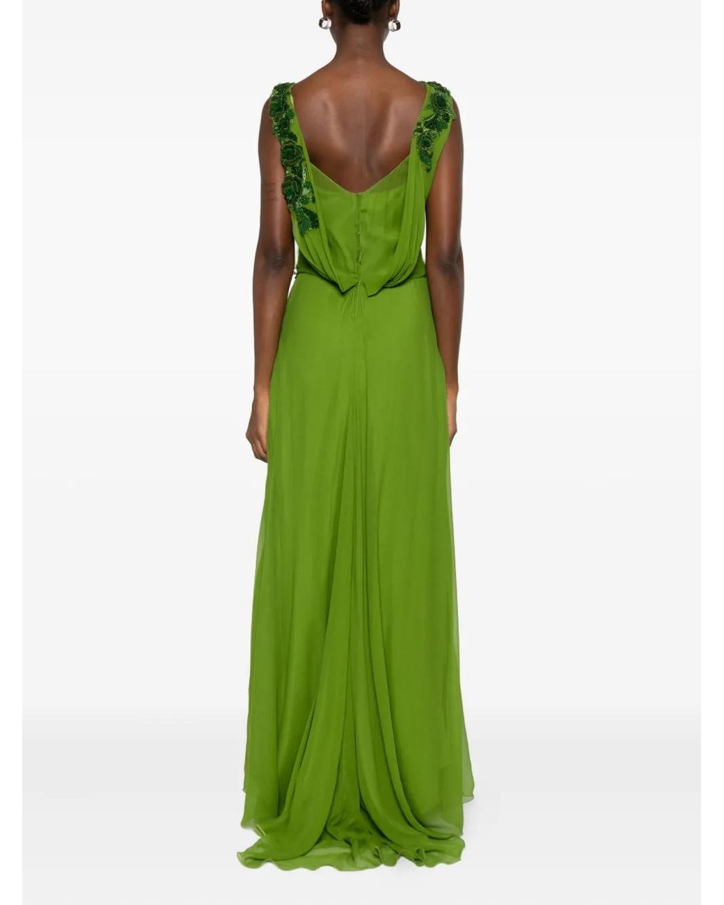 slim fit dress slacks Mikado Green Drop Shoulder Long Dress by Alberta Ferretti – Elilhaam main image 0
