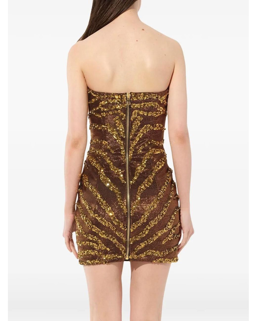 Balmain Brown Sequin-Embellished Strapless Dress