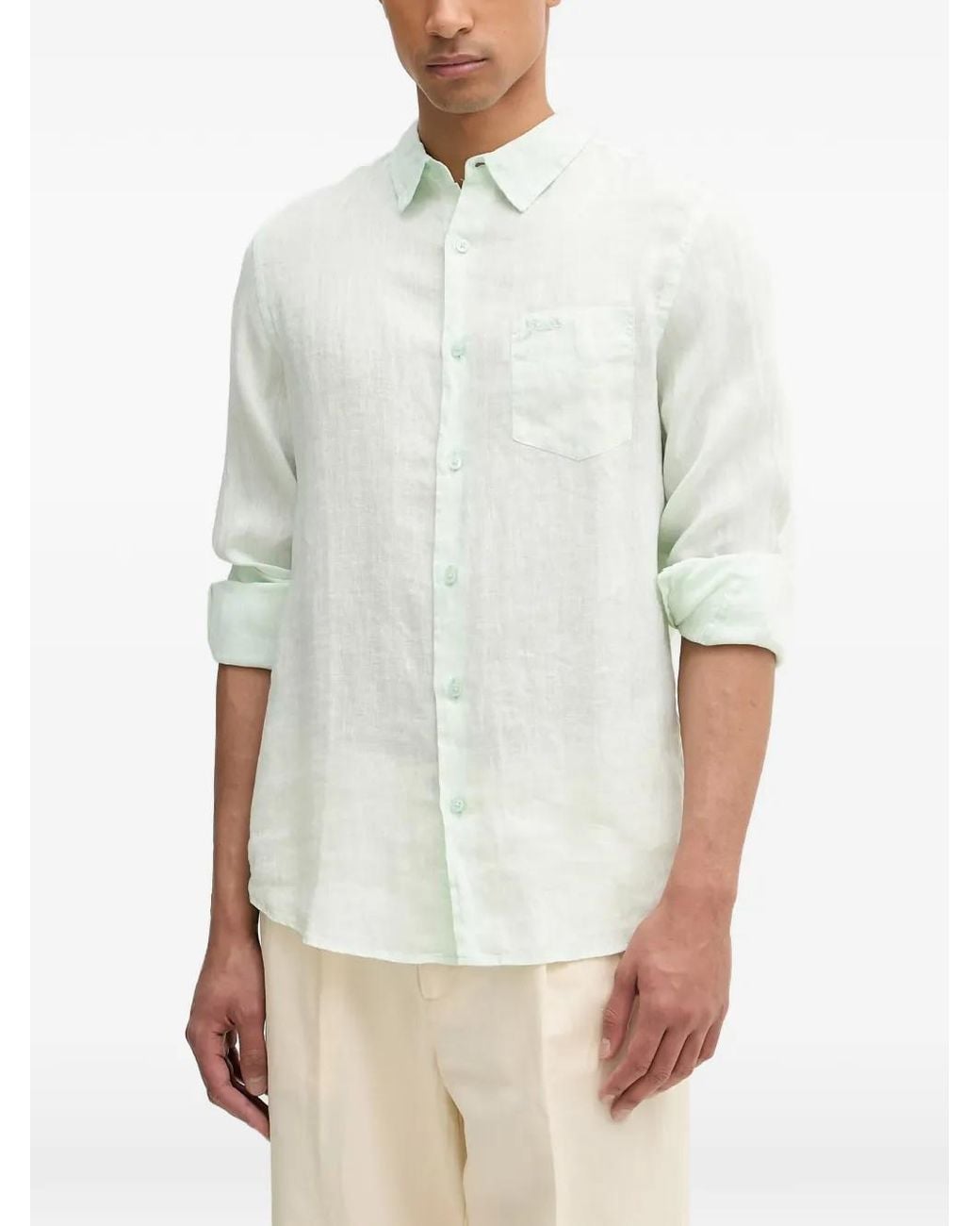 Guess White Linen Chest-Pocket Shirt for men