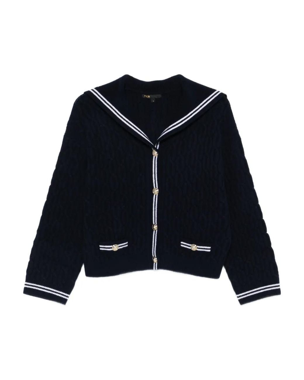 Maje Blue Cable-Knit Boat Neck Cardigan