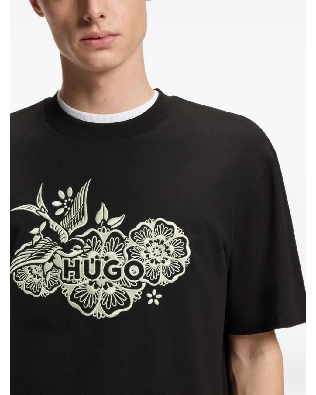 HUGO Black Cotton-Jersey T-Shirt With Embroidered Artwork for men
