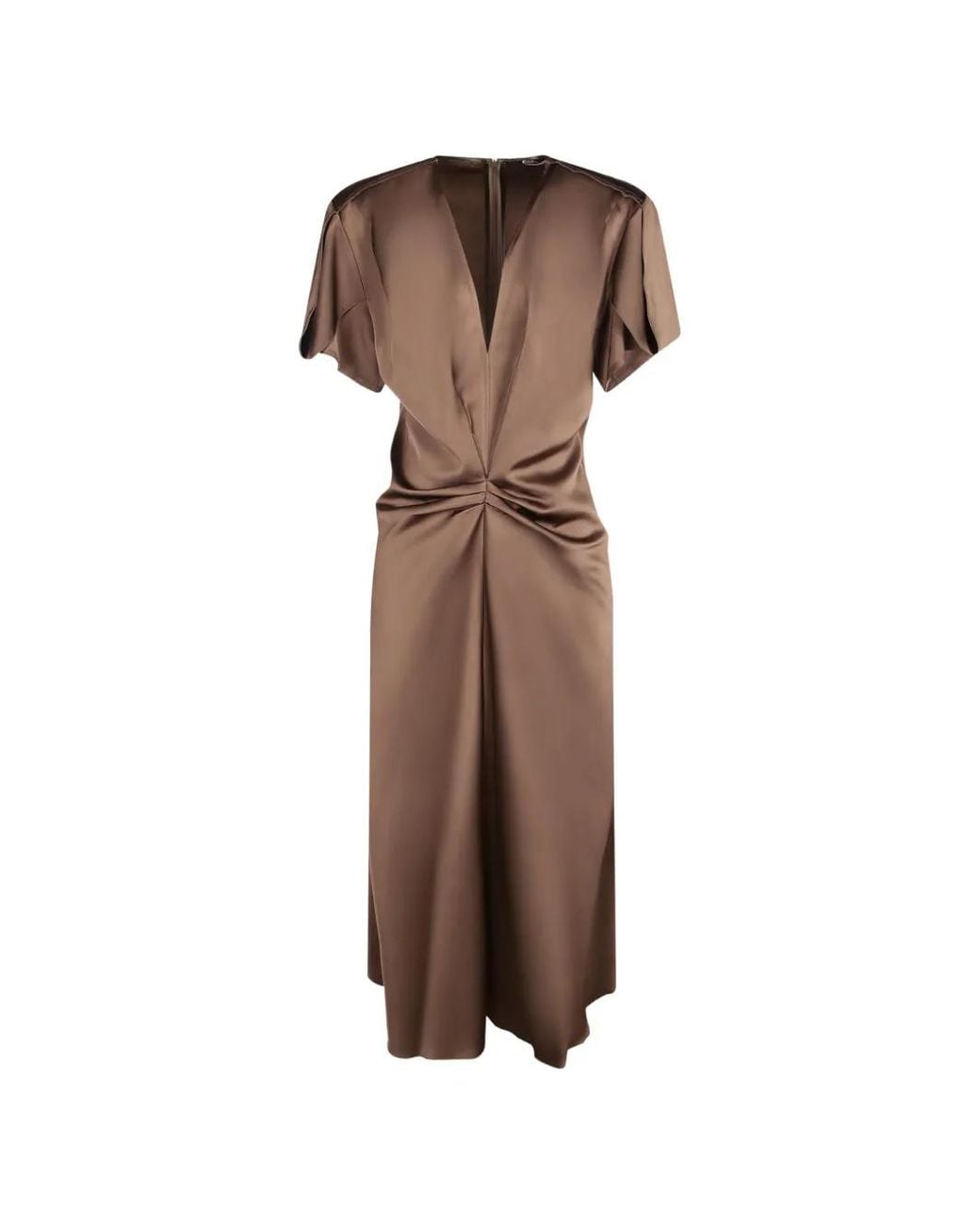 Blanca Vita Brown Ruched V-Neck Midi Dress