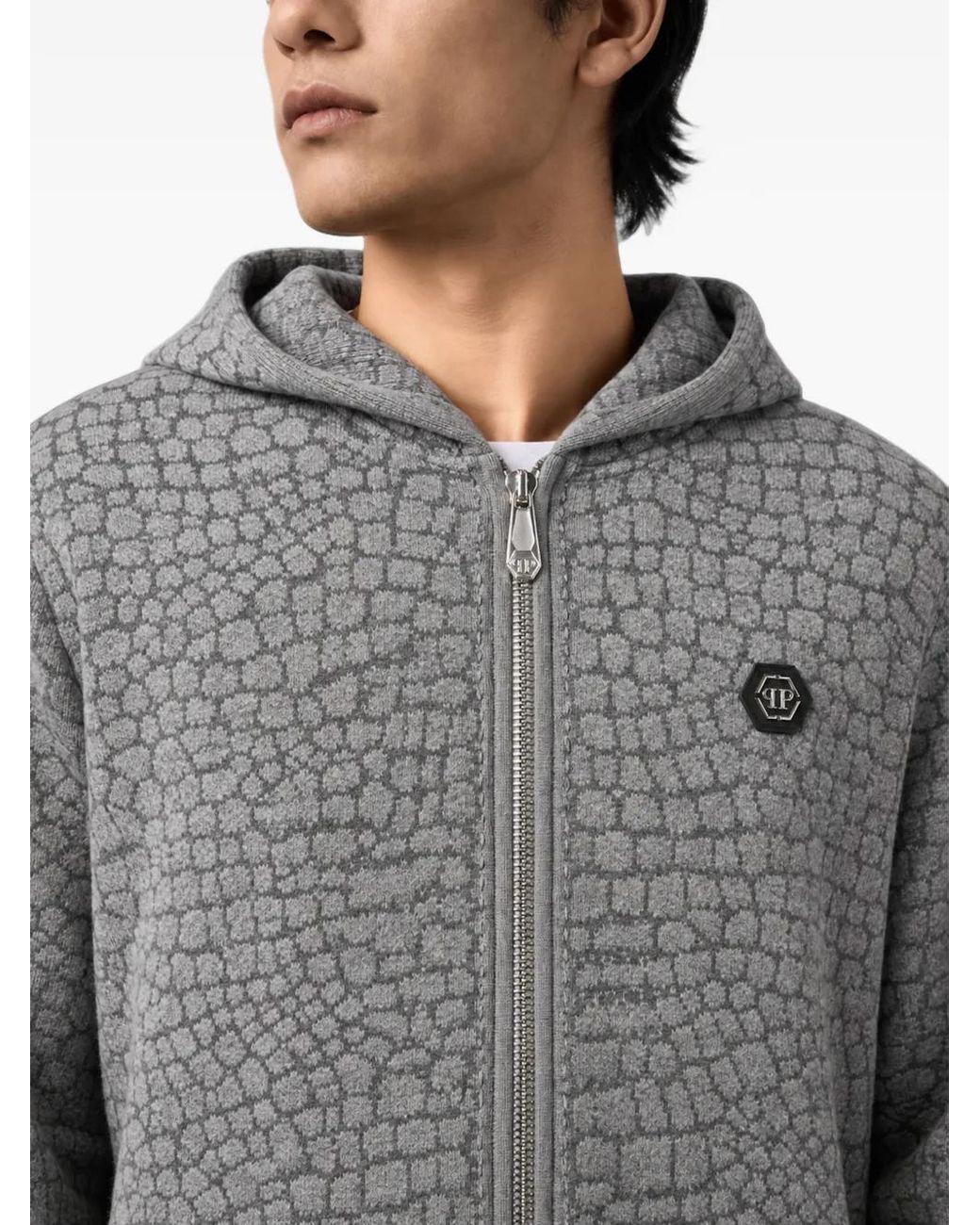 Philipp Plein Gray Wool Cashmere Zip Hoodie Cocco for men