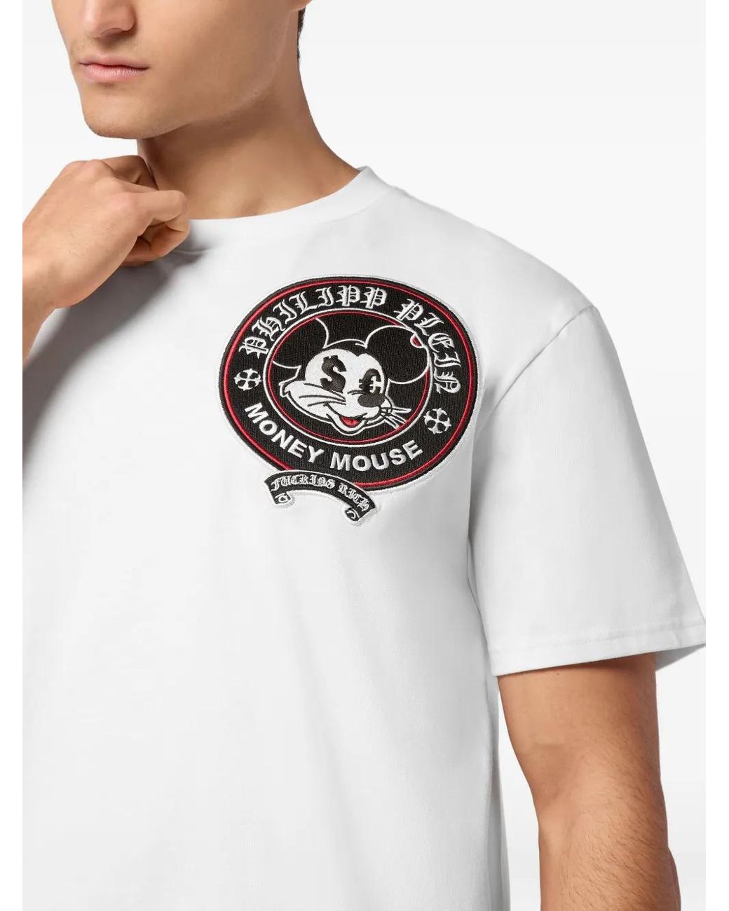 Philipp Plein White Money Mouse-Embroidered T-Shirt for men