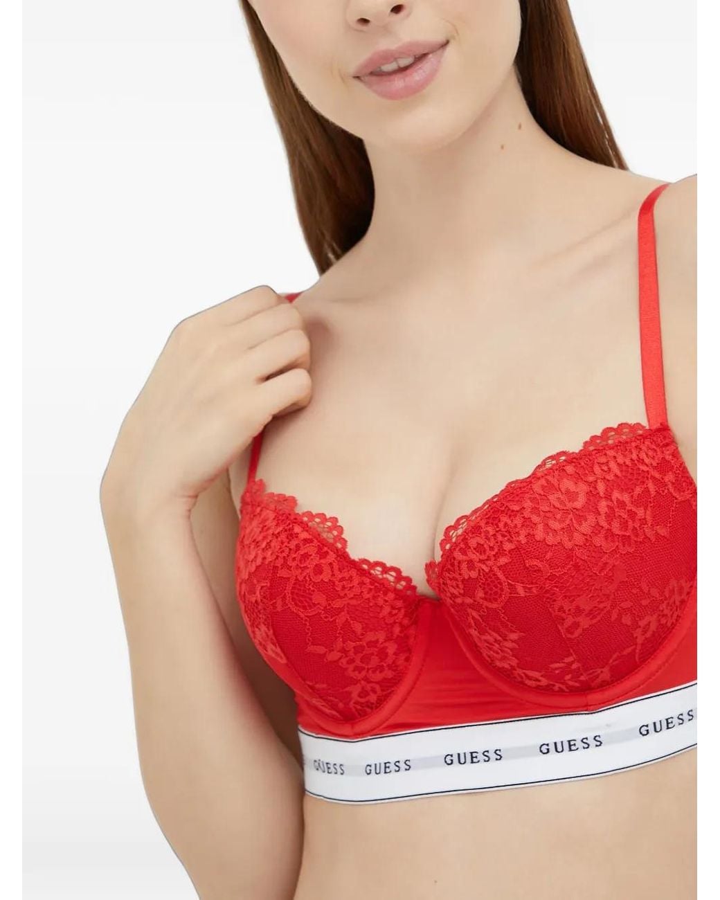 Guess Red Belle Lace-Overlay Logo-Band Bra