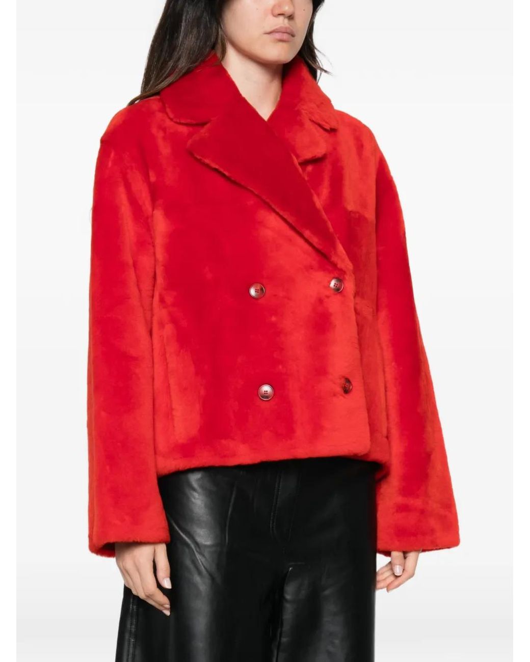 Yves Salomon Red Double-Breasted Shearling Jacket
