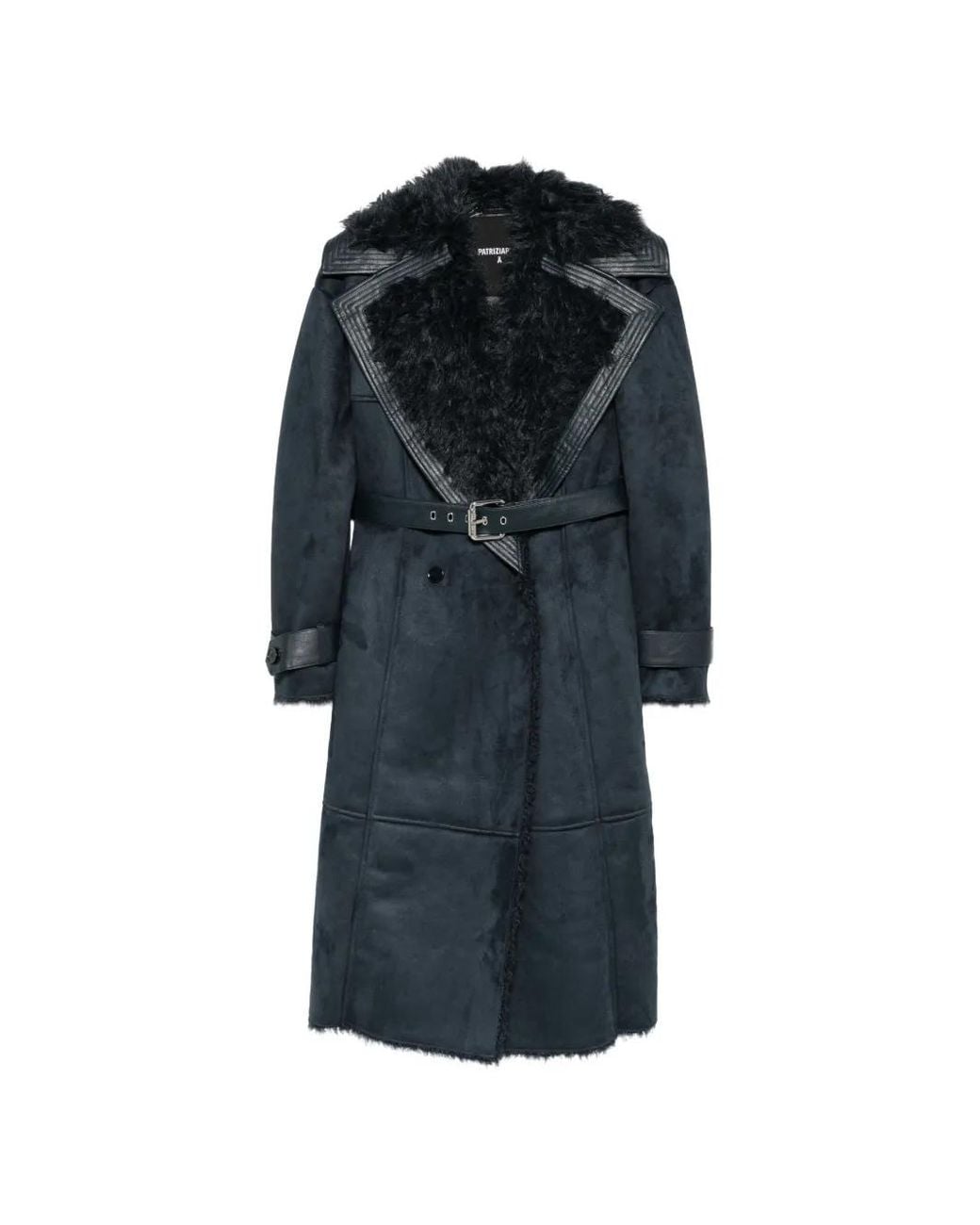 Patrizia Pepe Blue Manteau En Peau Lainée À Taille Ceinturé