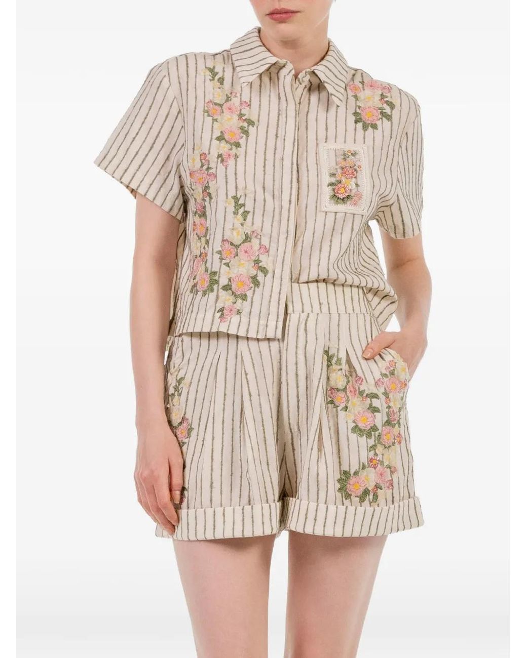 Agua Bendita White Rommy Embroidered Striped Tailored Shorts