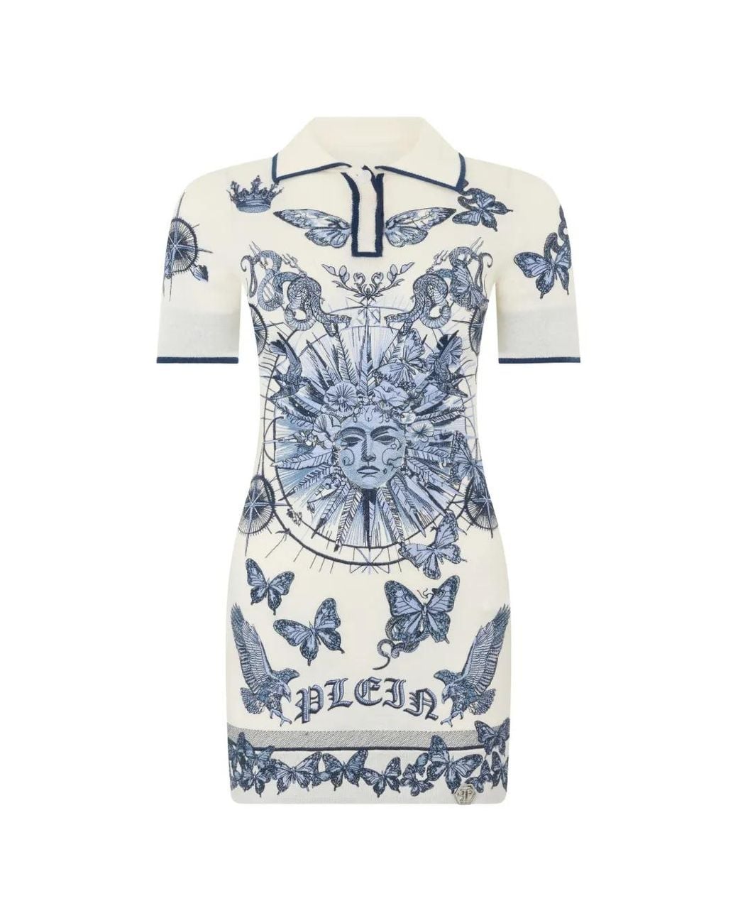 Philipp Plein Blue Butterfly-Embroidered Mini Dress