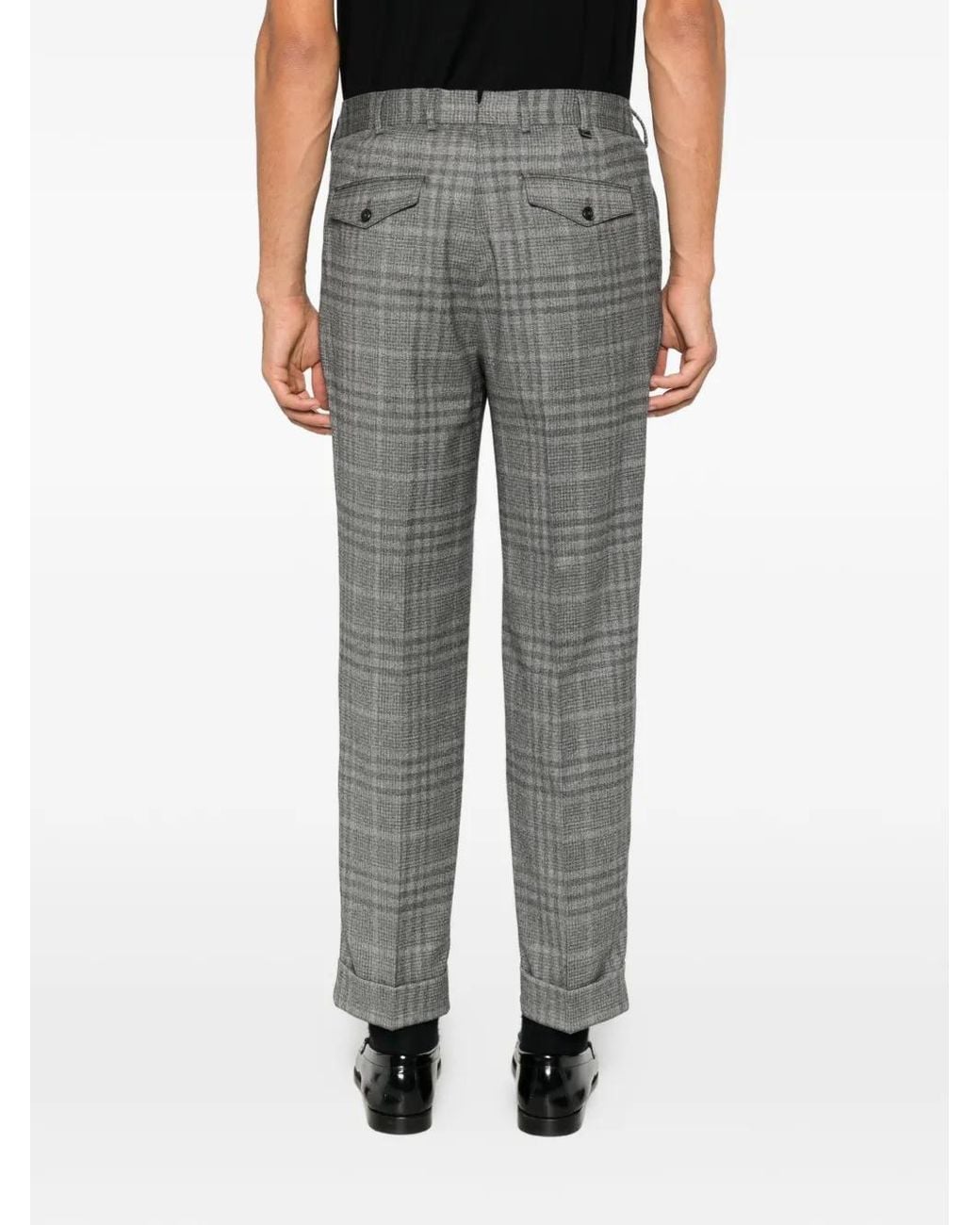PT Torino Gray Check-Patterned Pleated Tailored Trousers for men