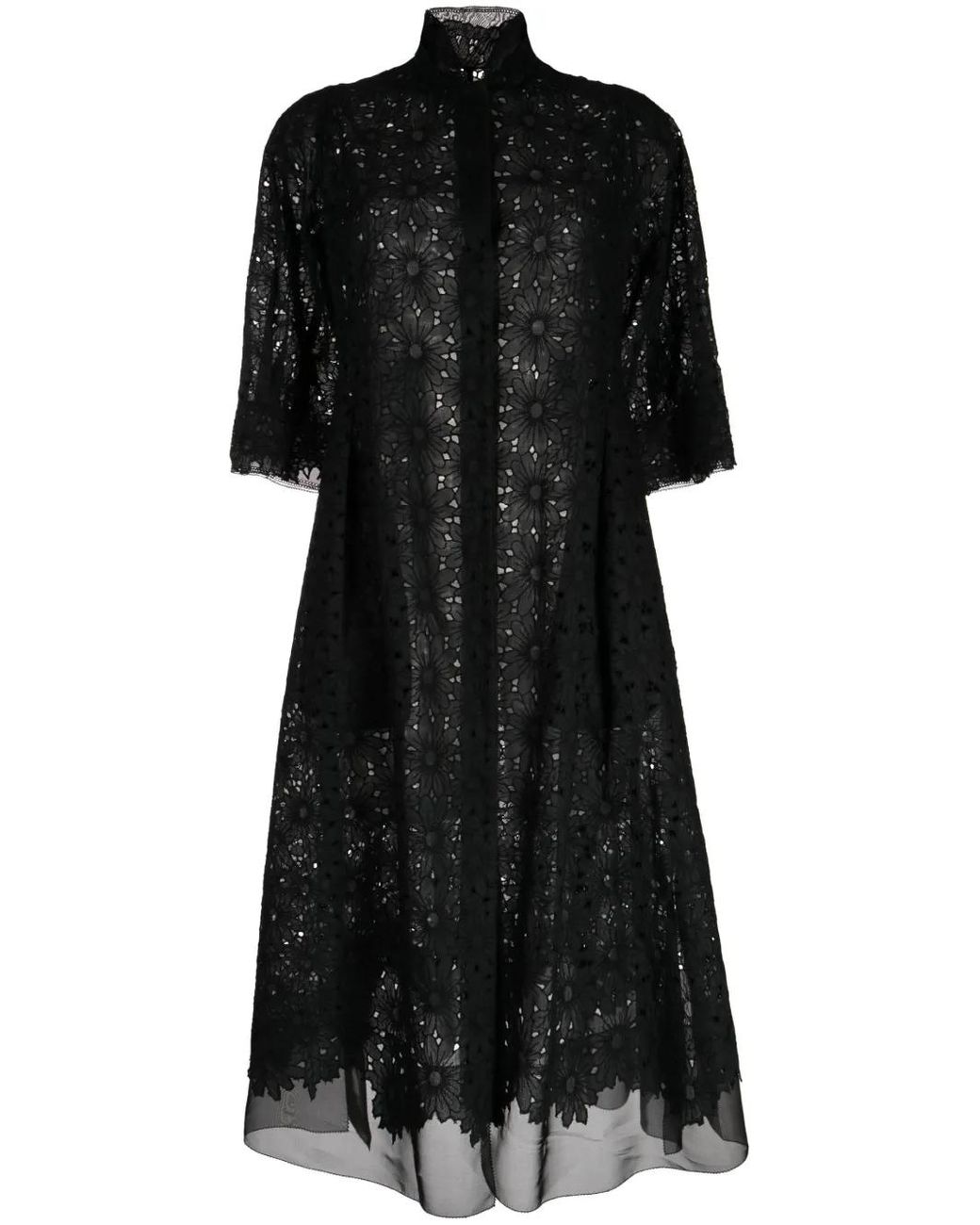 Shiatzy Chen Black Sheer-Lace Cotton Long Coat