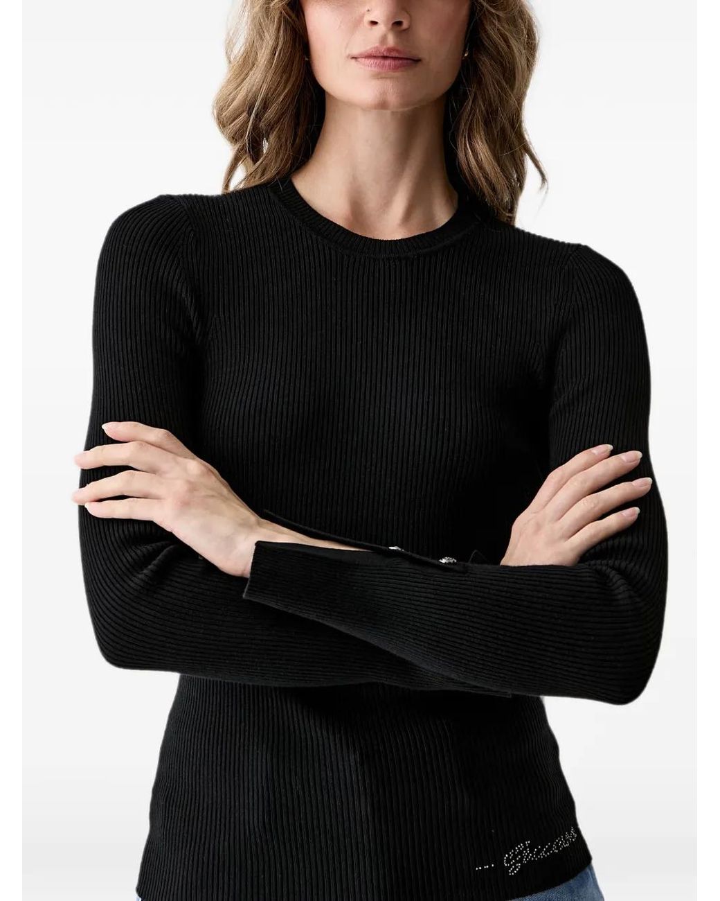 Guess Black Ellie Ribbed-Knit Button-Cuff Sweater