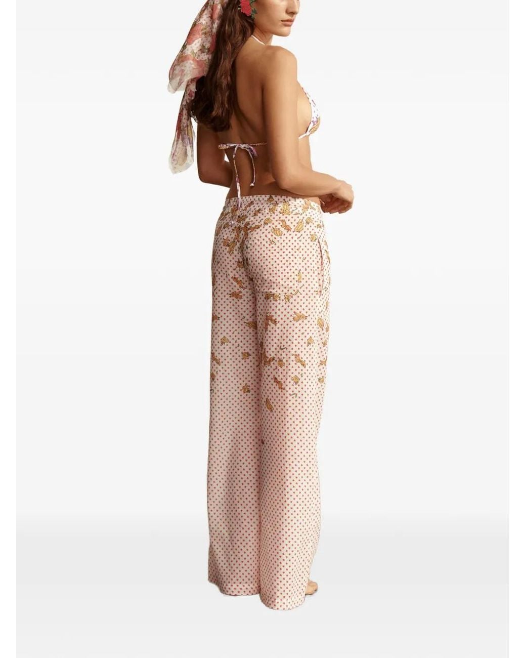 Donde Esteban Pink Bird-Print Drawstring Wide-Leg Trousers