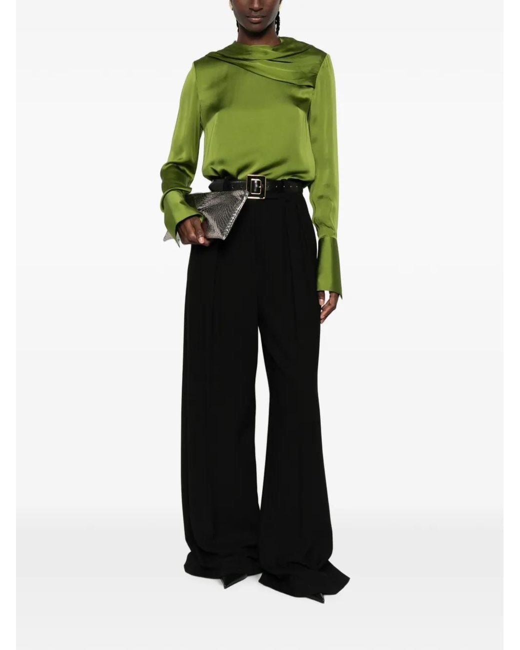 Tom Ford Green Stonewashed Silk Georgette Long Sleeve Draped Collar Blouse