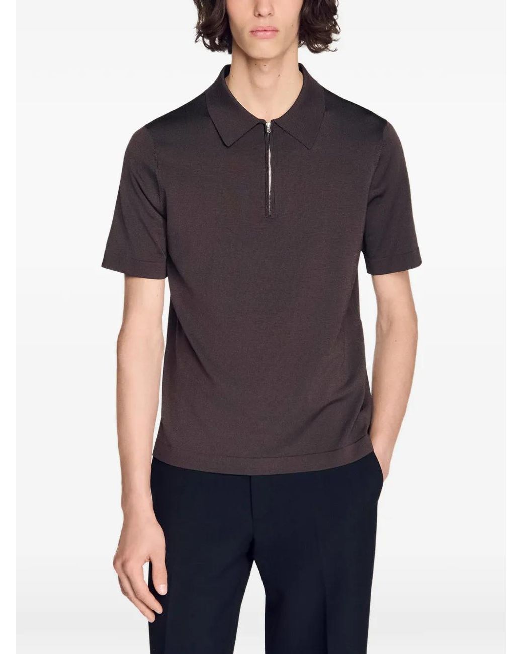 Sandro Brown Zip-Up Knit Polo Shirt for men