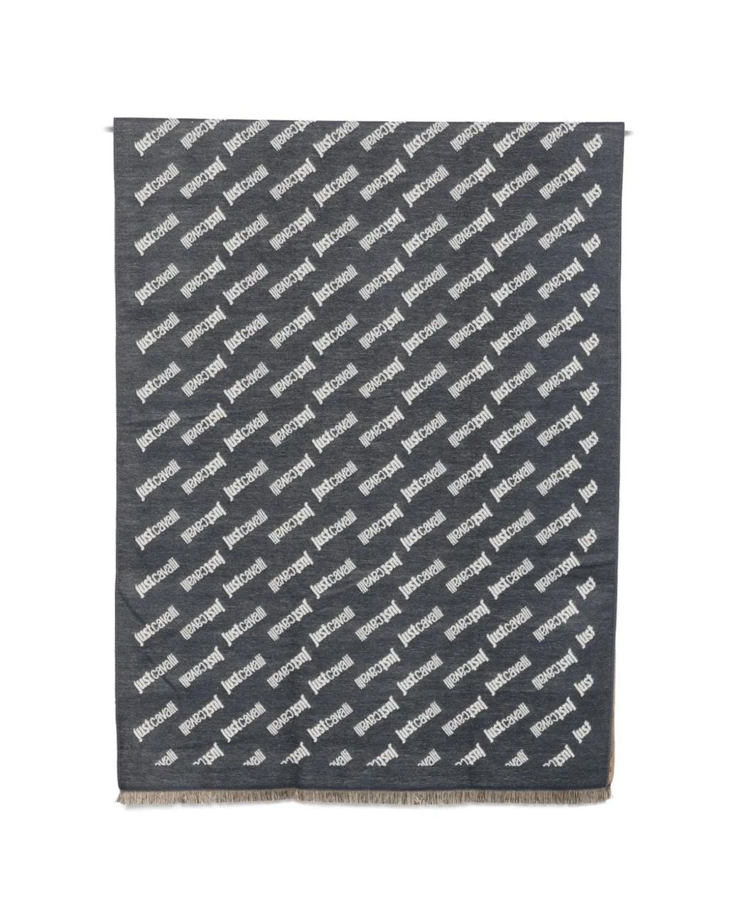 Just Cavalli Gray Logo-Print Fringed Scarf