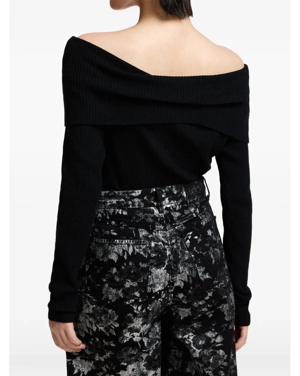 Essentiel Antwerp Black Killy Off-Shoulder Ribbed-Knit Sweater