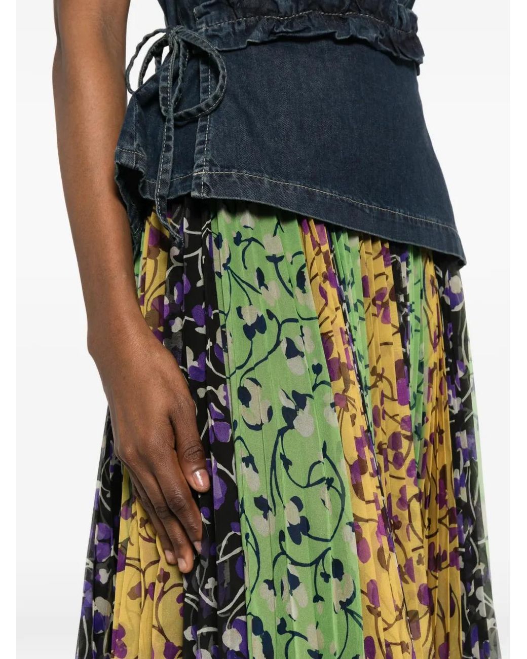 LaDoubleJ Green Floral-Detail Pleated Midi Skirt