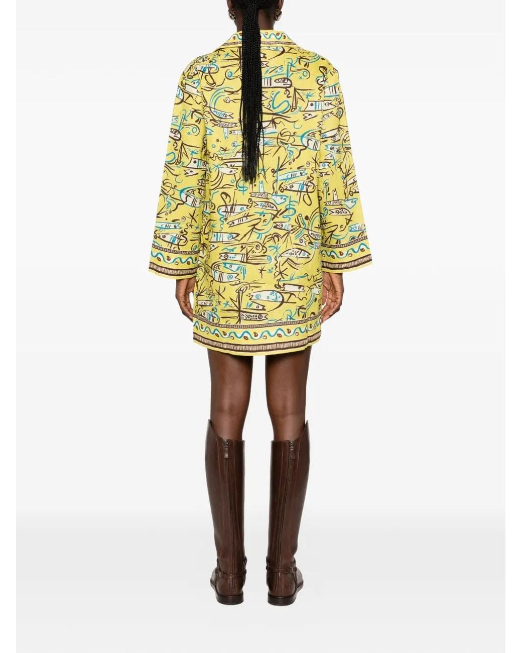 ALÉMAIS Yellow Graphic-Print Long-Sleeve Mini Dress
