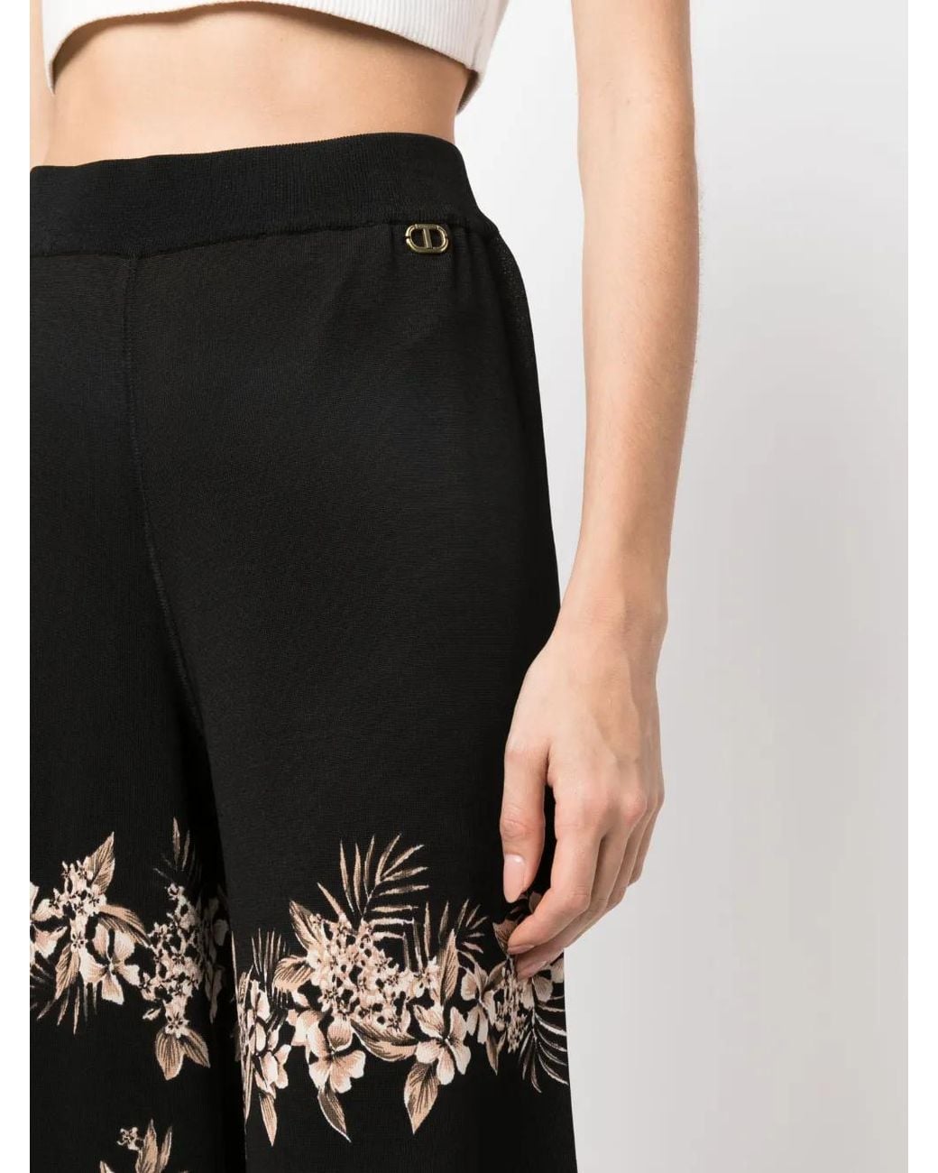 Twinset Black Floral-Motif Cropped Knitted Trousers