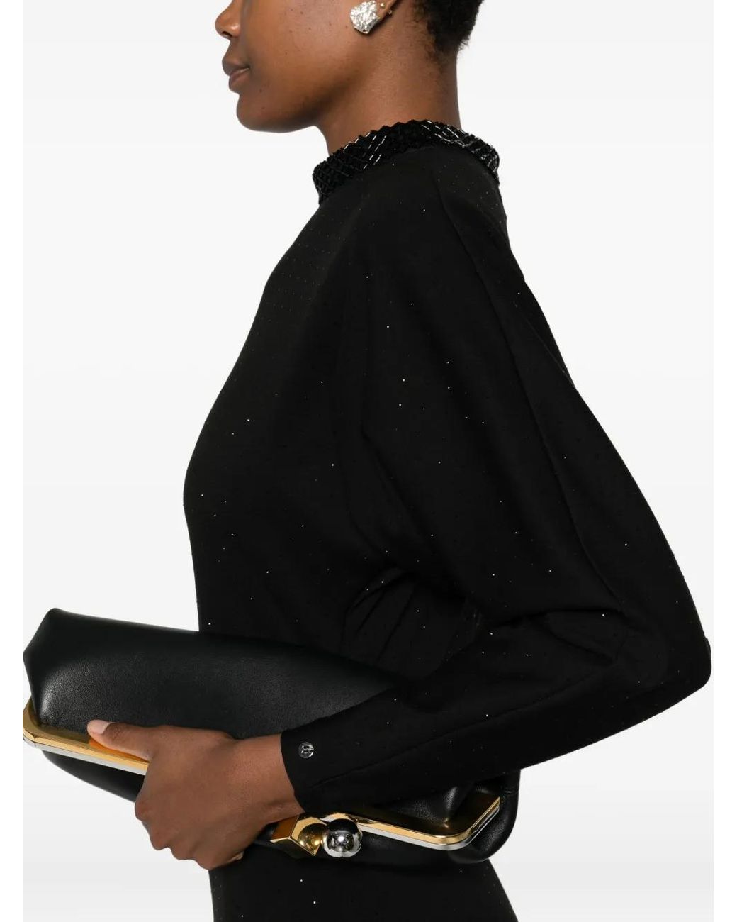 Nissa Black Rhinestone-Embellished Long-Sleeve Dress