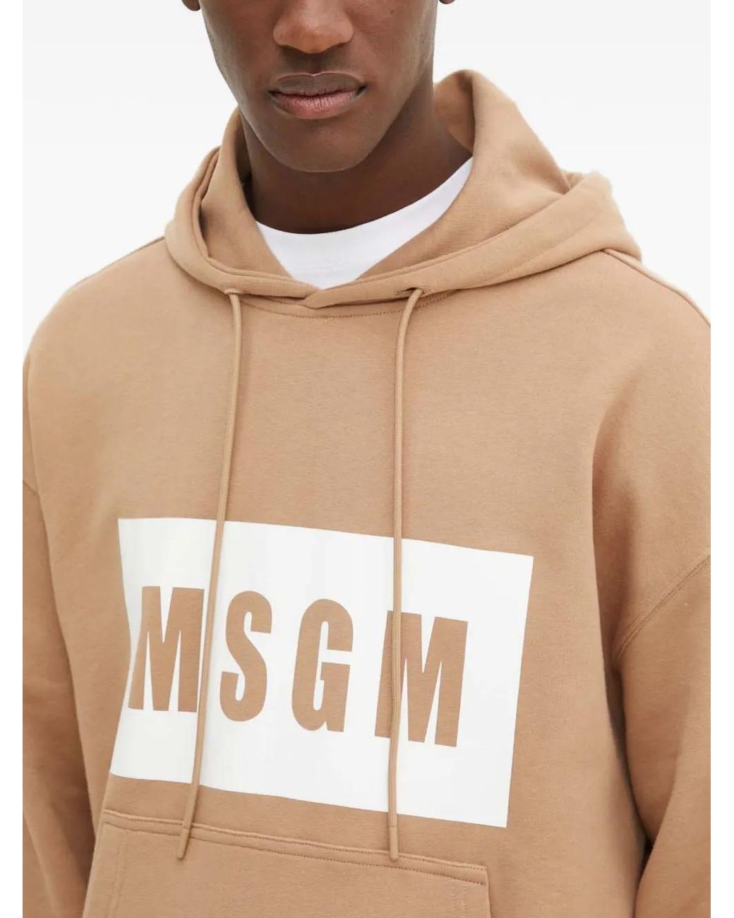 MSGM Natural Drawstring Logo-Print Hoodie for men