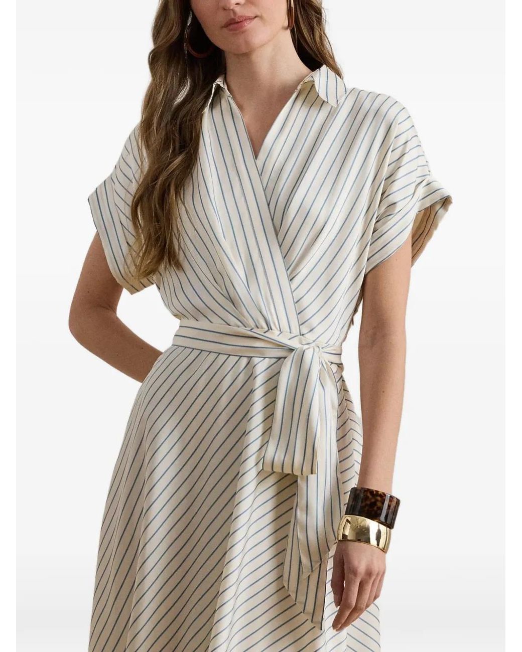 Ralph Lauren White Stripe-Pattern Wrap-Style Dress