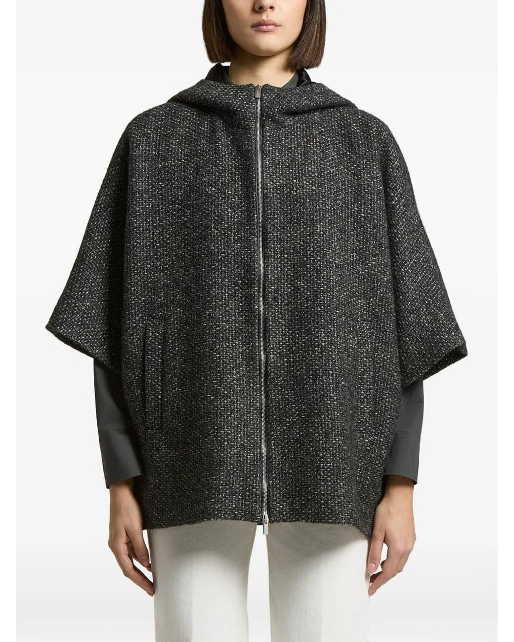 Peserico Gray Hooded Bouclé-Knit Cape