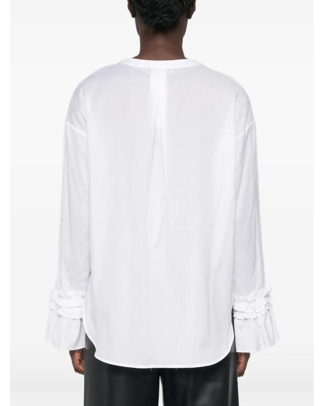 Max Mara White Ruffled-Cuff V-Neck Shirt