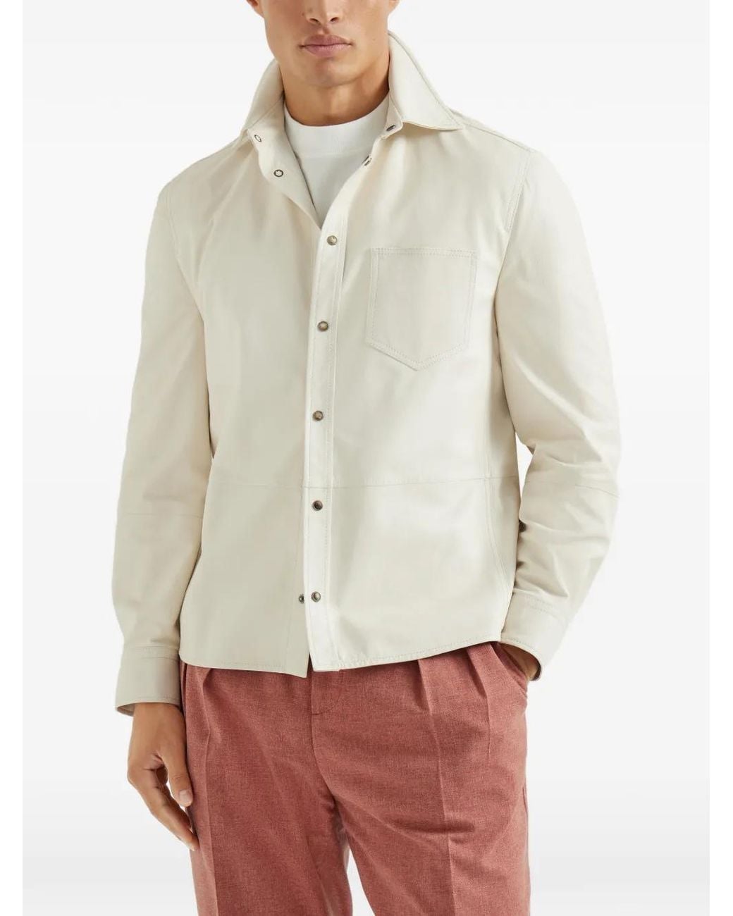 Brunello Cucinelli White Chest-Pocket Long-Sleeve Leather Shirt for men