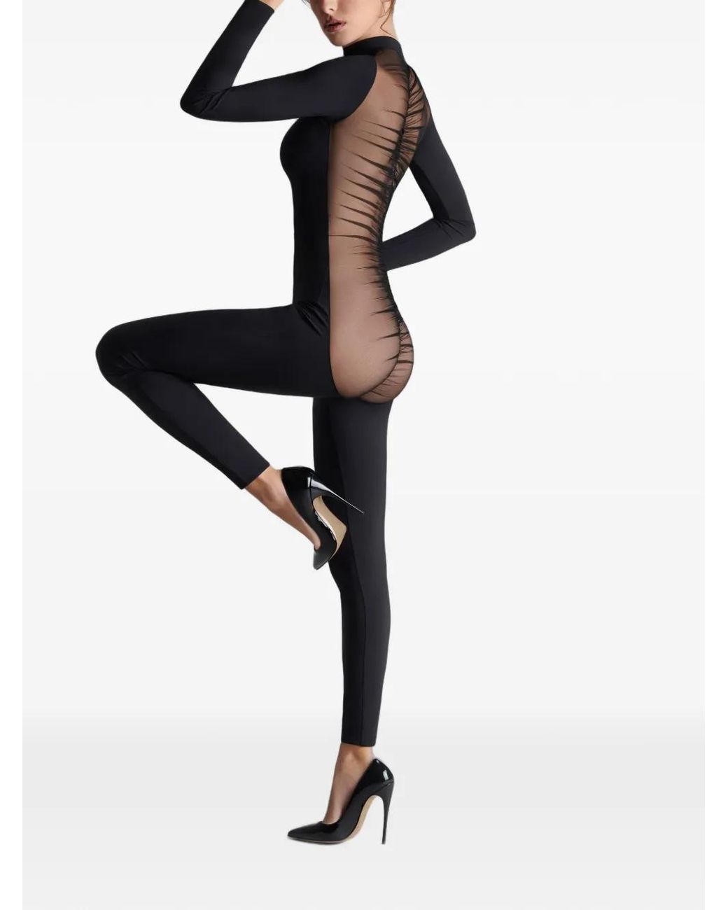 Scandale Black Sheer-Panelled Long-Sleeve Jumpsuit