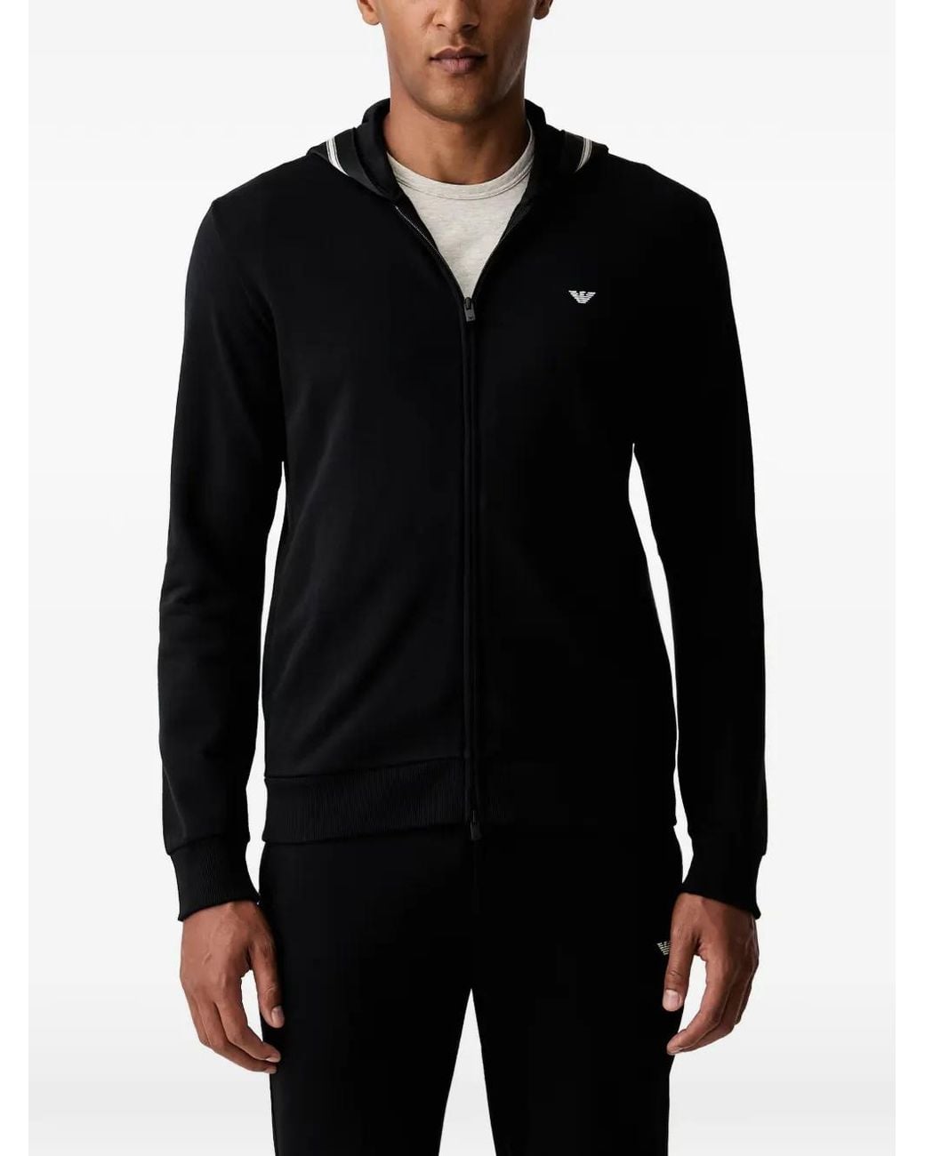 Emporio Armani Black Logo-Embroidered Zip-Up Hoodie for men
