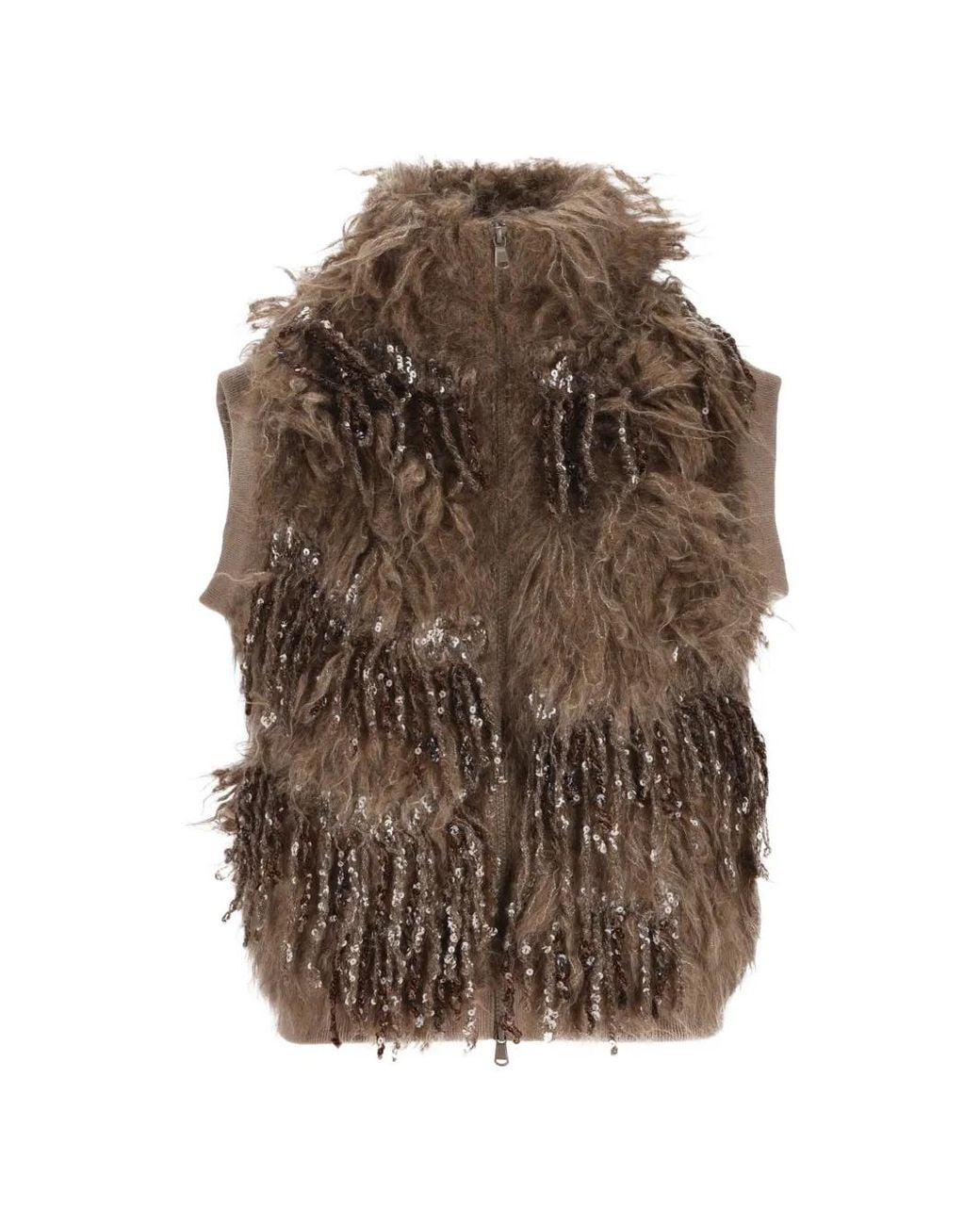 Brunello Cucinelli Brown Sequin-Embellished Shaggy Gilet