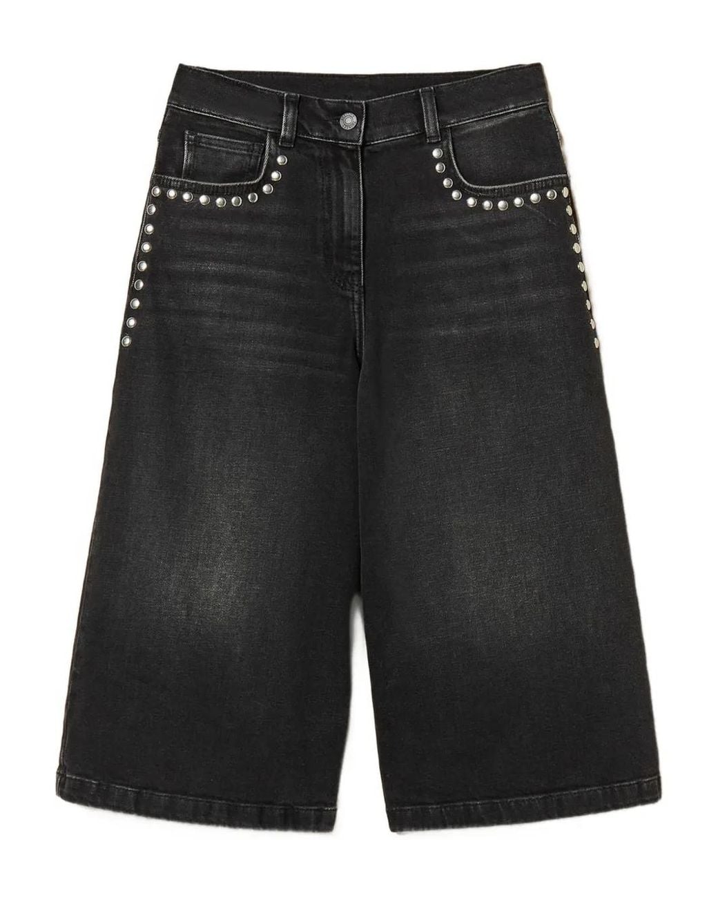 Twinset Black Denim Bermuda Shorts With Studs