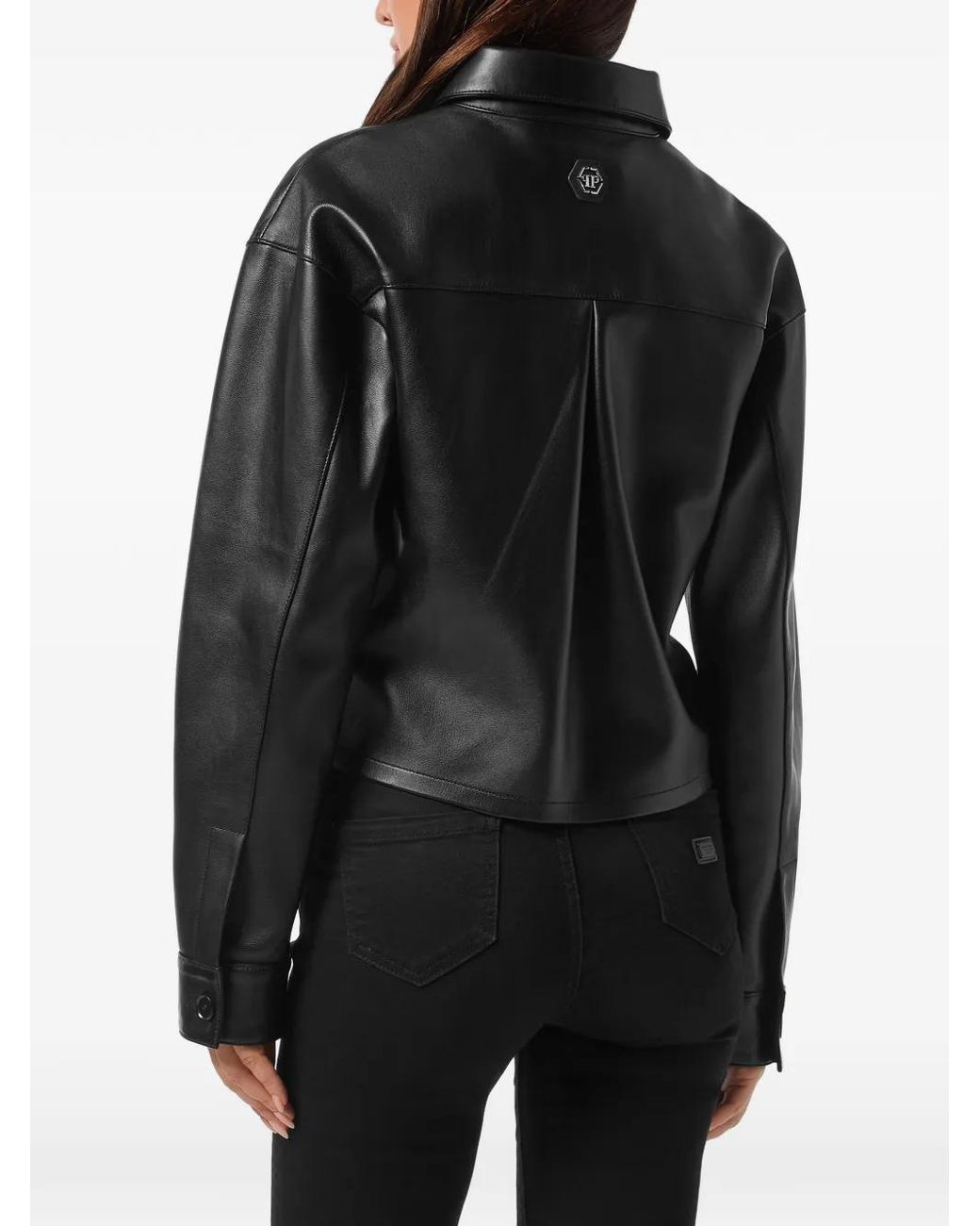 Philipp Plein Black Leather Cropped Shirt Signature
