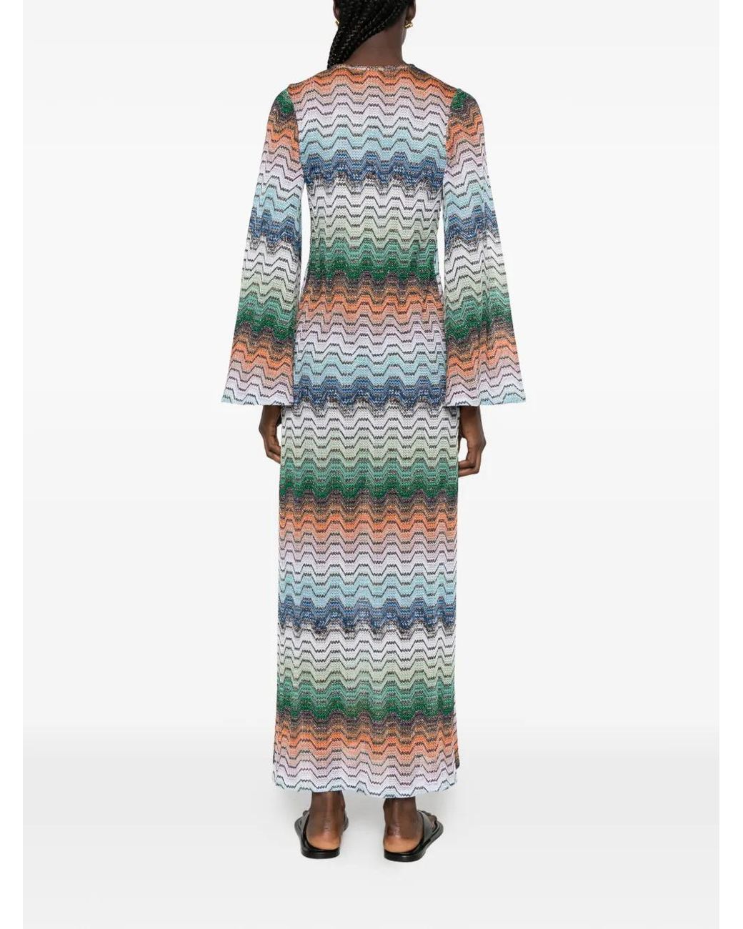 Missoni Blue Long Dress With Greek Motif And Deep V-Neck