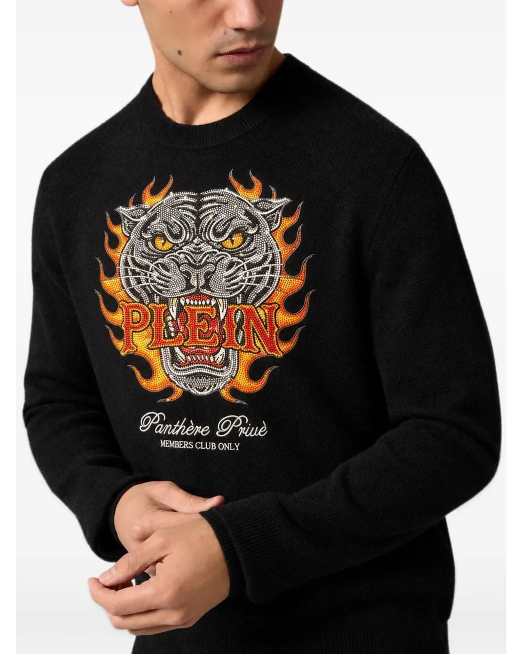 Philipp Plein Black Round Neck Pullover Panther Flames Stones for men
