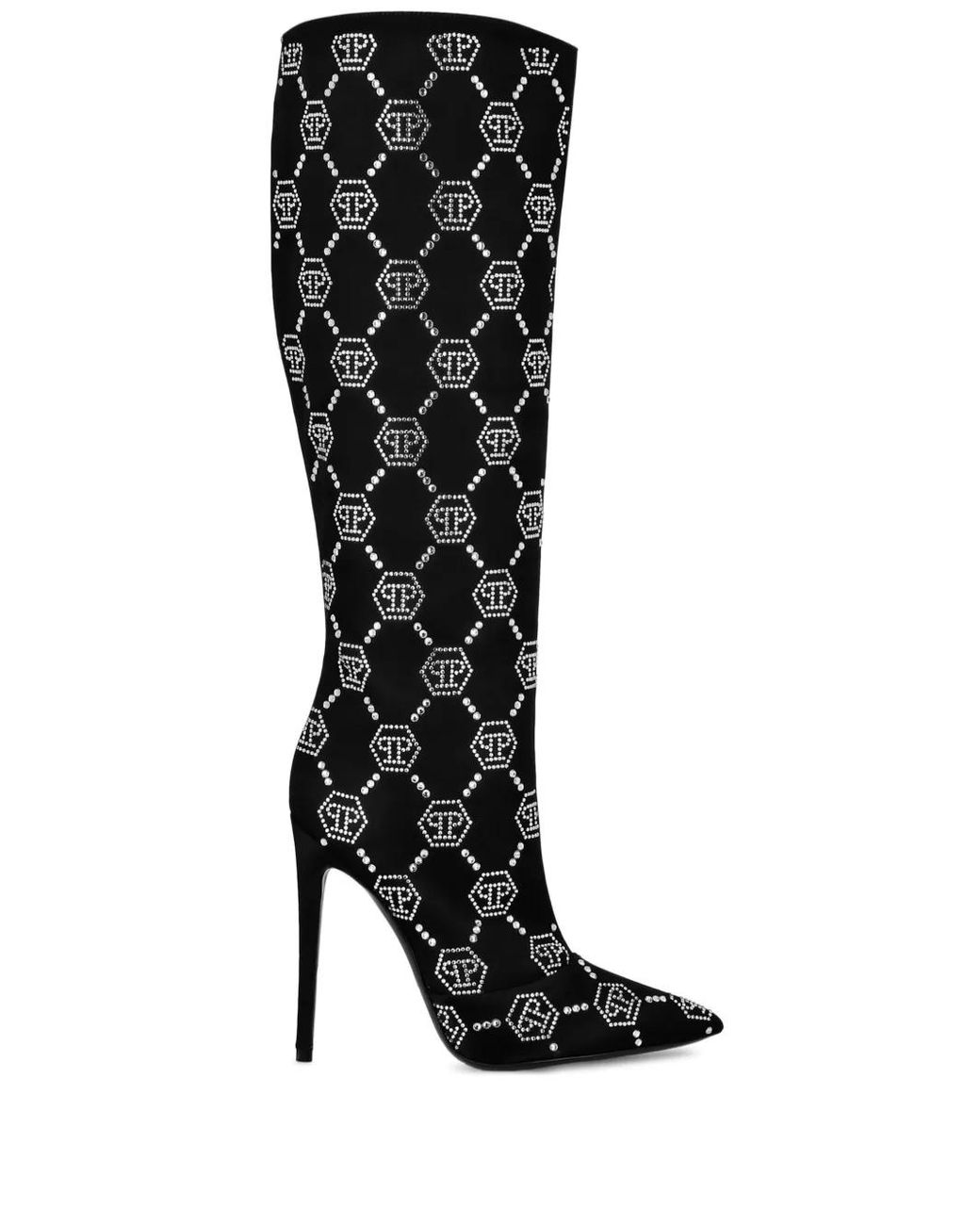 Philipp Plein Black Satin Boots High-Heels Mid Strass Monogram