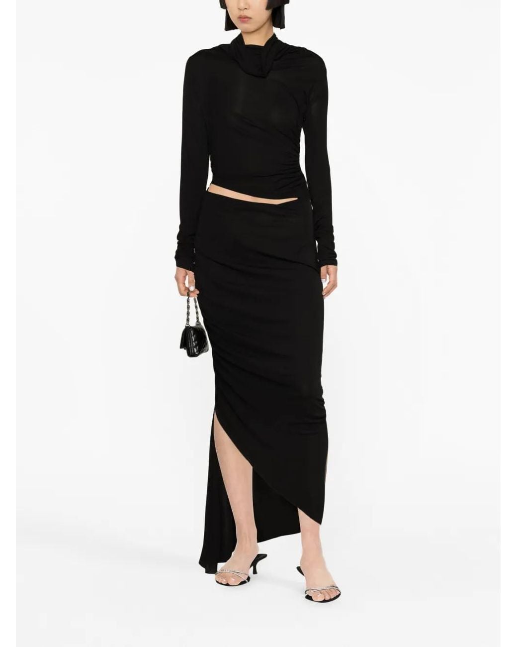 ANDREADAMO Black Asymmetric Draped Midi Dress