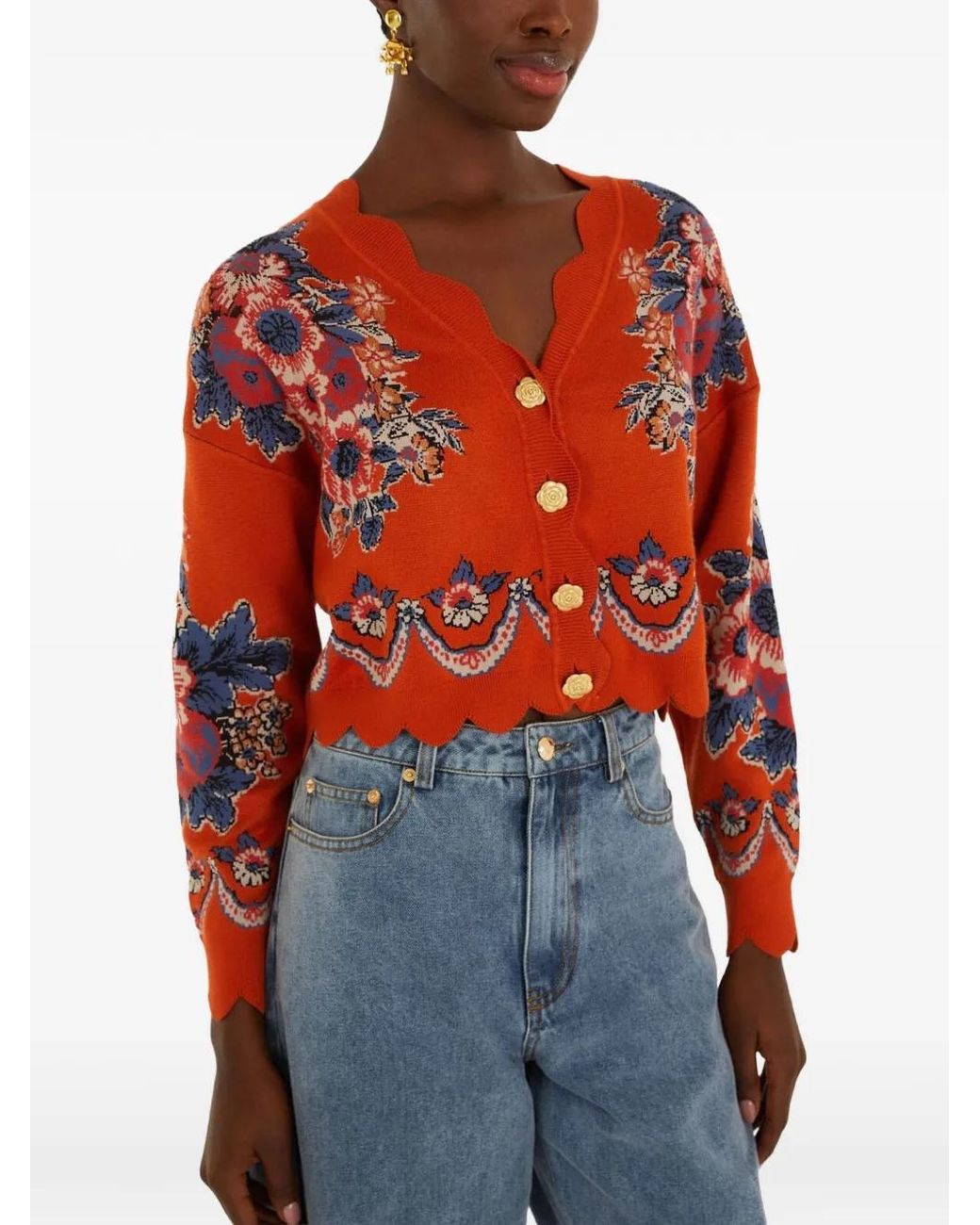 Farm Rio Red Victorian Floral Buttoned Knit Cardigan