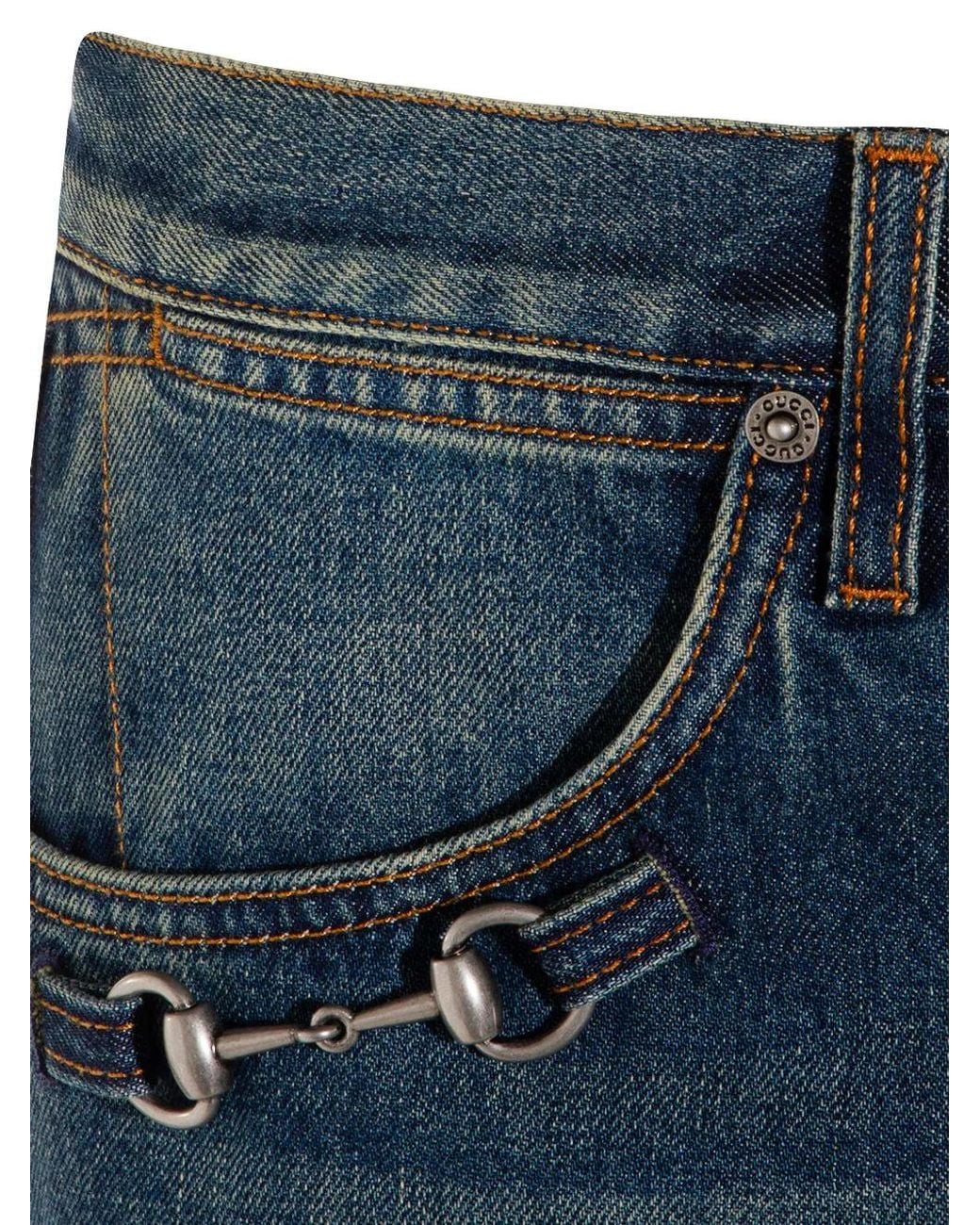 Gucci Blue Cotton Denim Pants With Horsebit