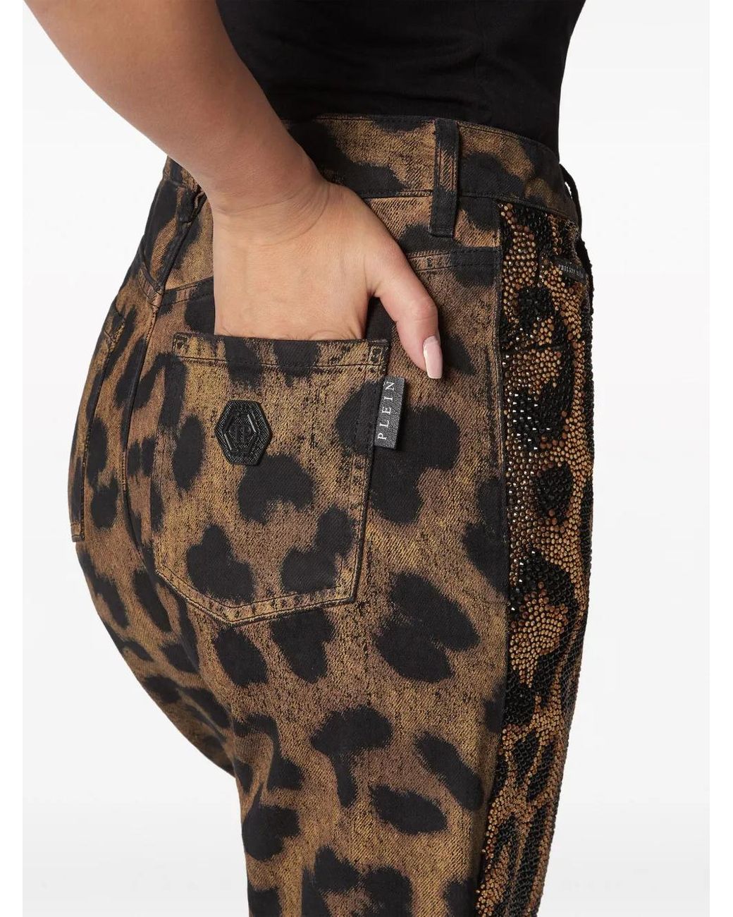 Philipp Plein Gray Crystal-Embellished Leopard Jeans