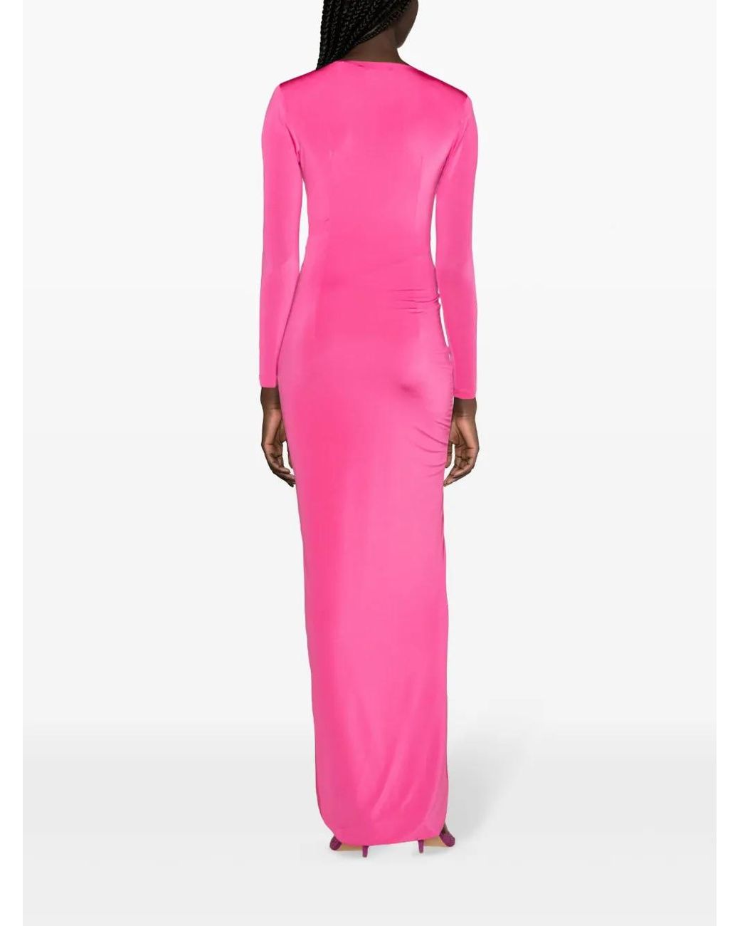 Nissa Pink Floral-Appliqué Satin Maxi Dress