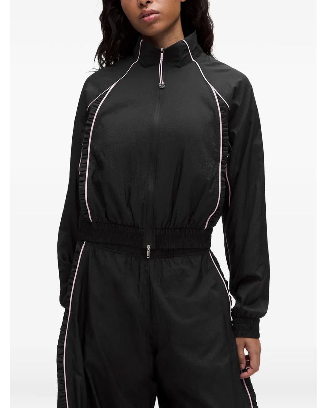 Ganni Black Ruffled Piped Performance Track Jacket