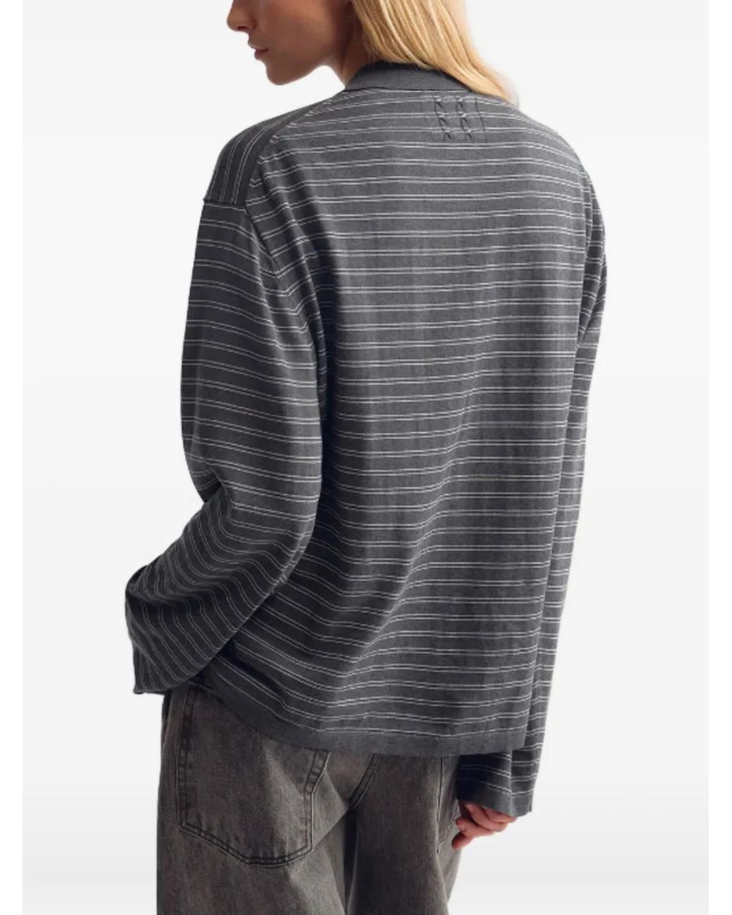 Nili Lotan Gray Striped Long-Sleeve Polo Shirt