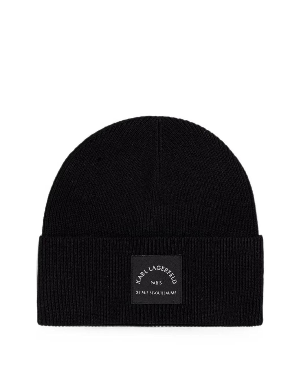 Karl Lagerfeld Black Logo-Patch Ribbed Beanie Hat