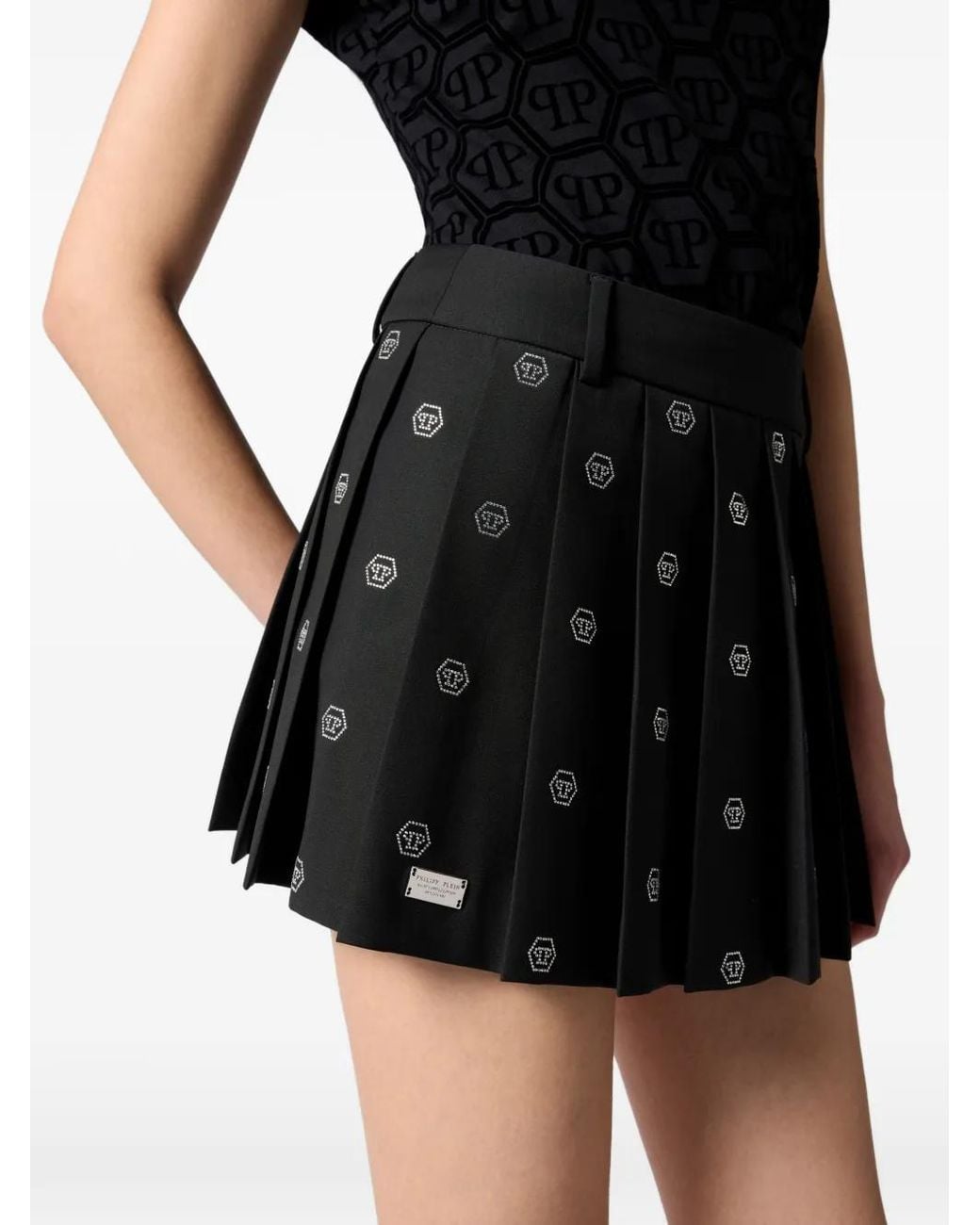 Philipp Plein Black Pleated Mini Skirt Small Monogram Strass Monogram Strass